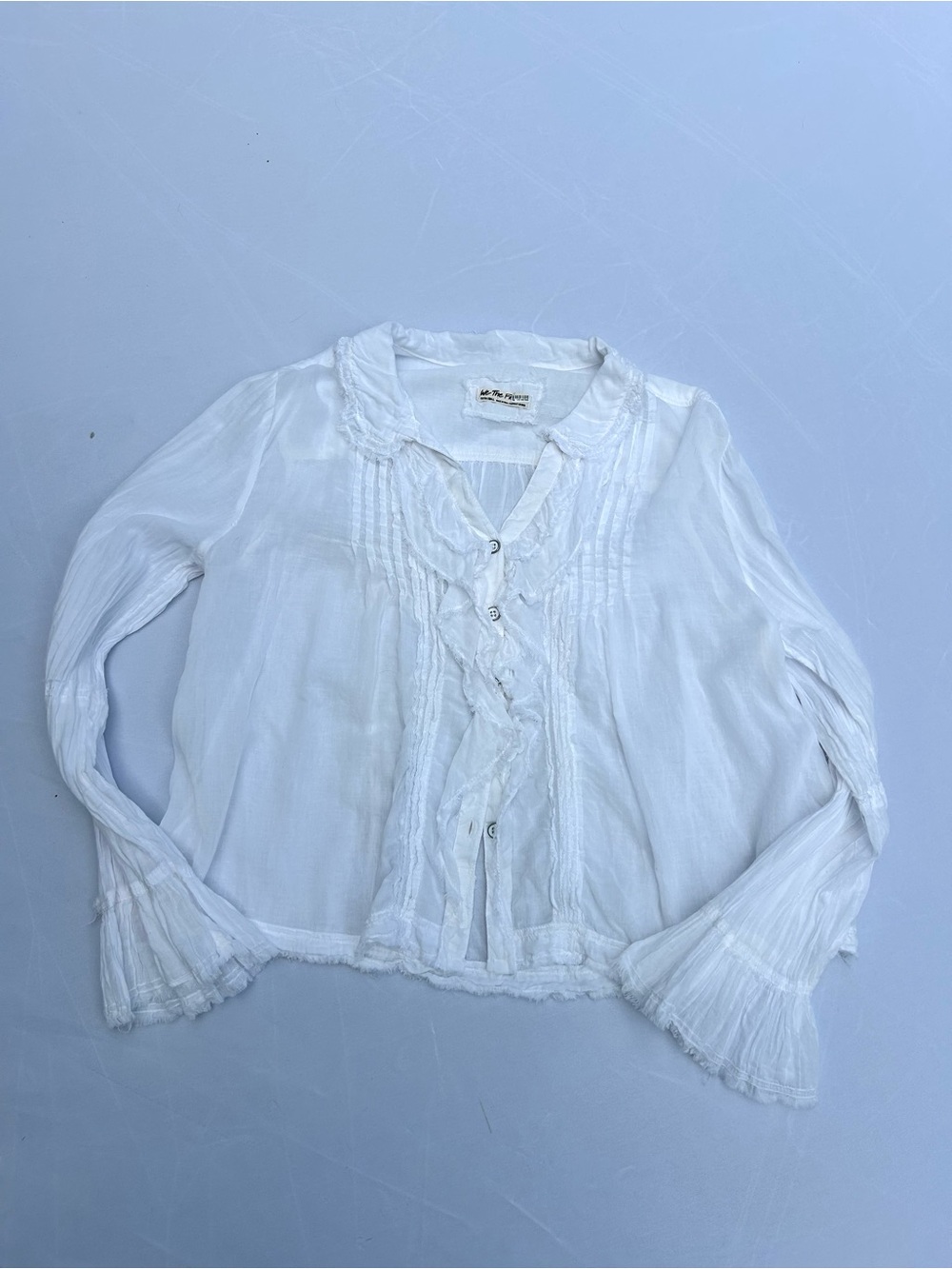 Free People White Ruffled Pintuck Button-Front Blouse